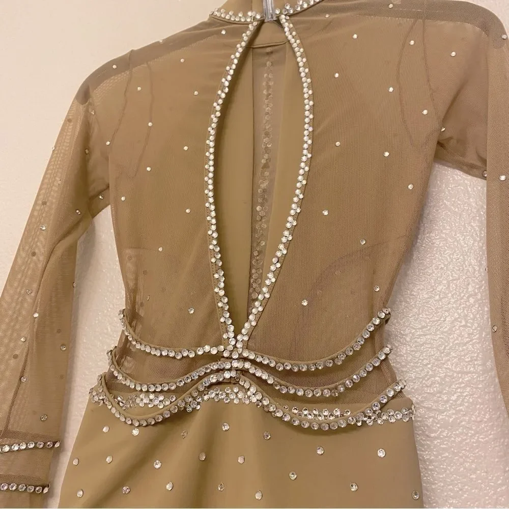LA dance solo custom tan nude beige illusion leotard costume bedazzled bling LC
